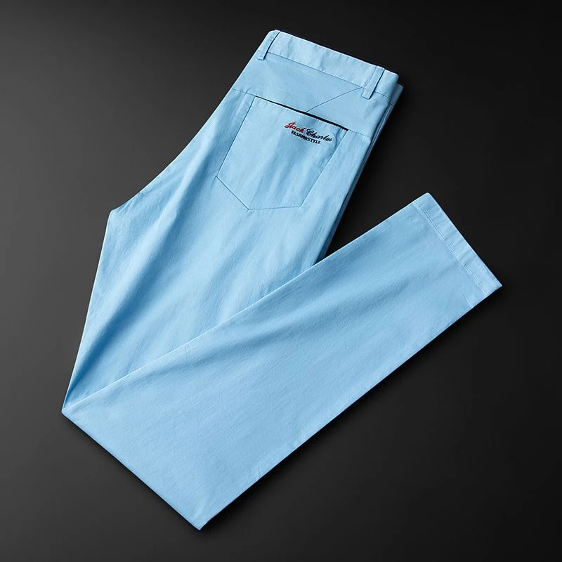 夏季浅天蓝色休闲裤男修身薄款透气男士时尚帅气彩色裤子男小脚潮