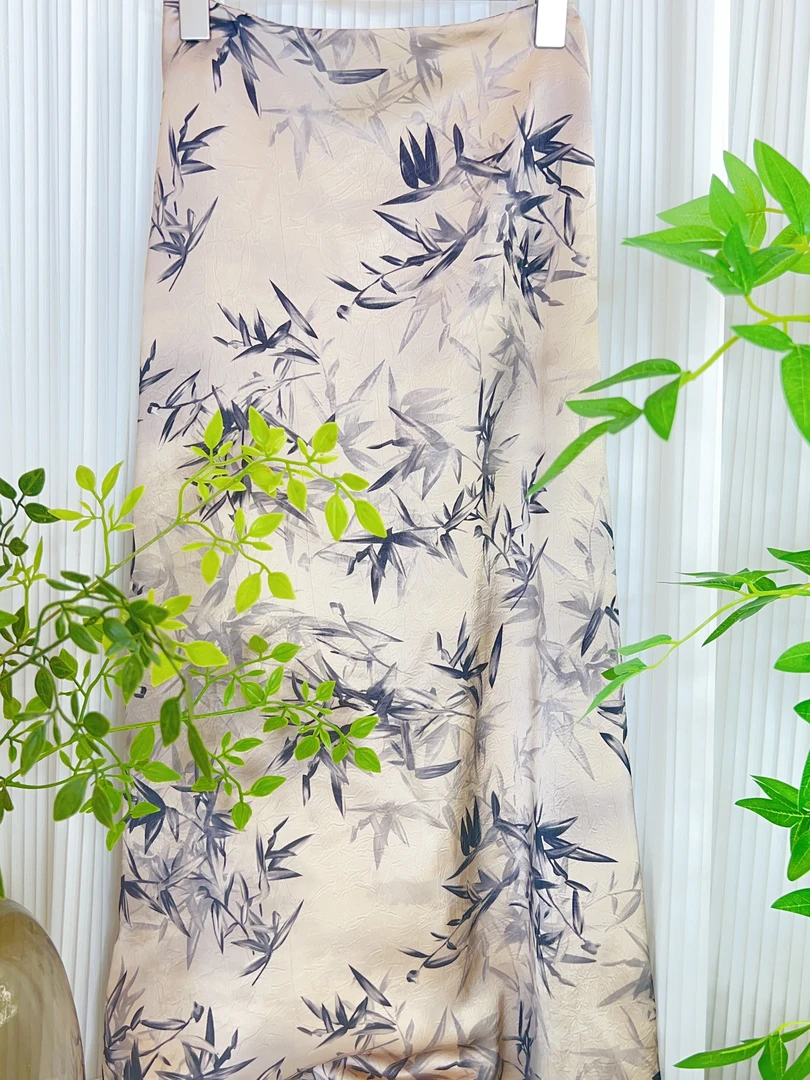 气质时尚夏季印花竹叶水墨半身裙百搭中国风