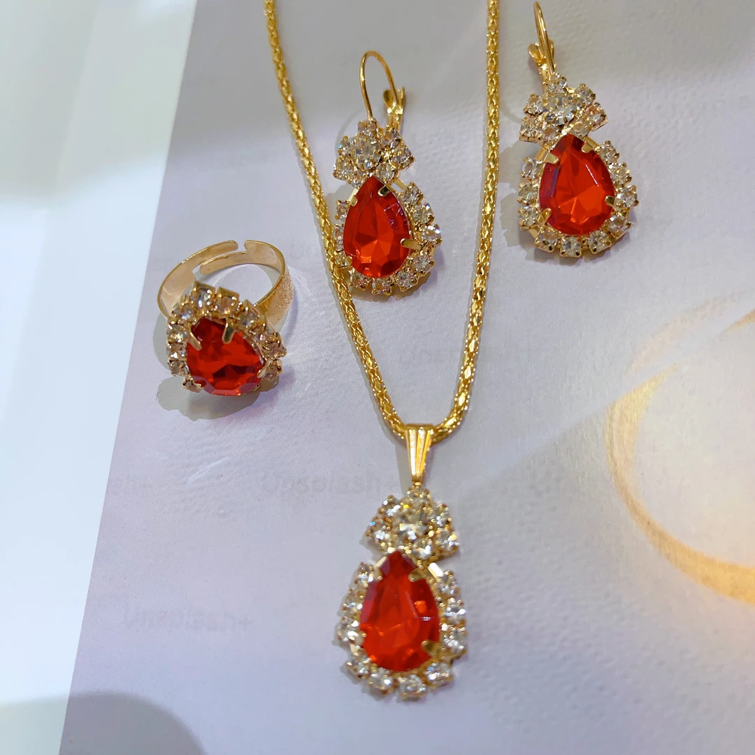 铜合金项链 096新款三件套首饰耳环项链戒指爆款白搭时尚金色