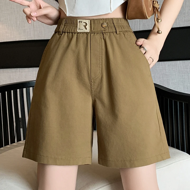松紧腰休闲直筒短裤女2025年夏季弹力运动裤宽松学生阔腿五分中裤