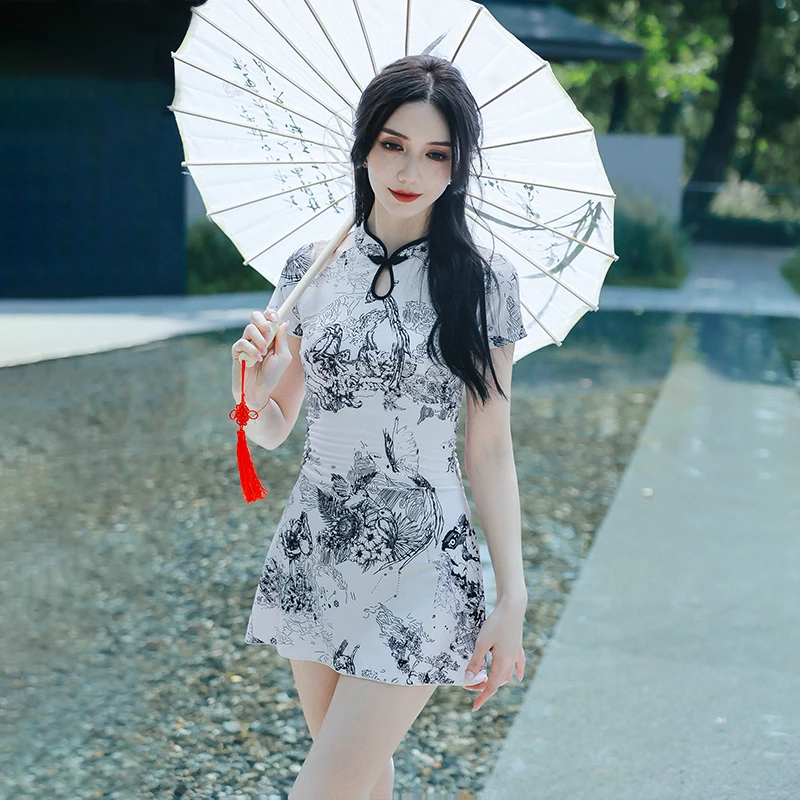 【花鸟鱼兽】旗袍国风好看女性泡温泉游泳衣女士款纯欲风高级感泳装