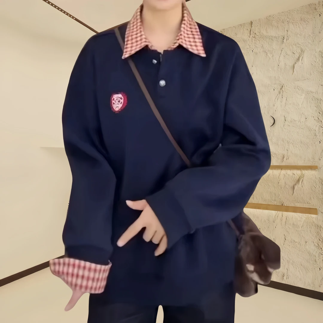 美式复古格子拼接POLO领卫衣2024秋季宽松显瘦休闲百搭长袖上衣