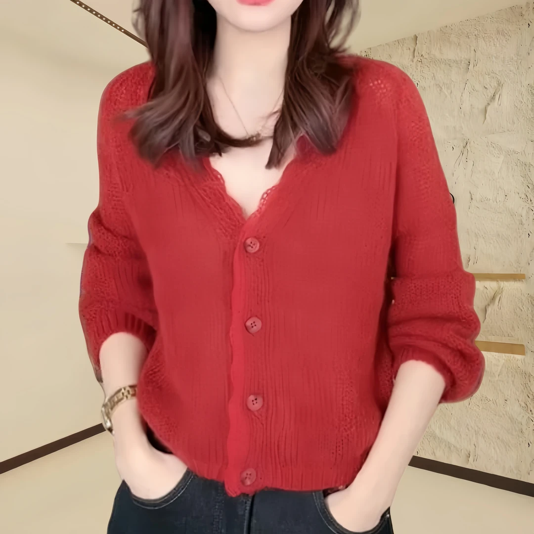 宽松气质V领针织衫上衣女2025夏季休闲慵懒性感纯色开衫长袖毛衣