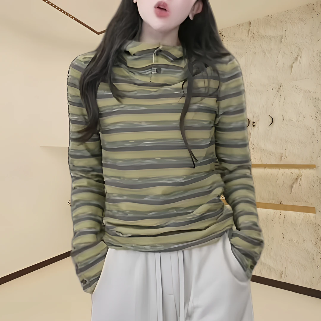 2025网红秋季新款百搭条纹连帽长袖套头内搭衫休闲轻奢显瘦卫衣