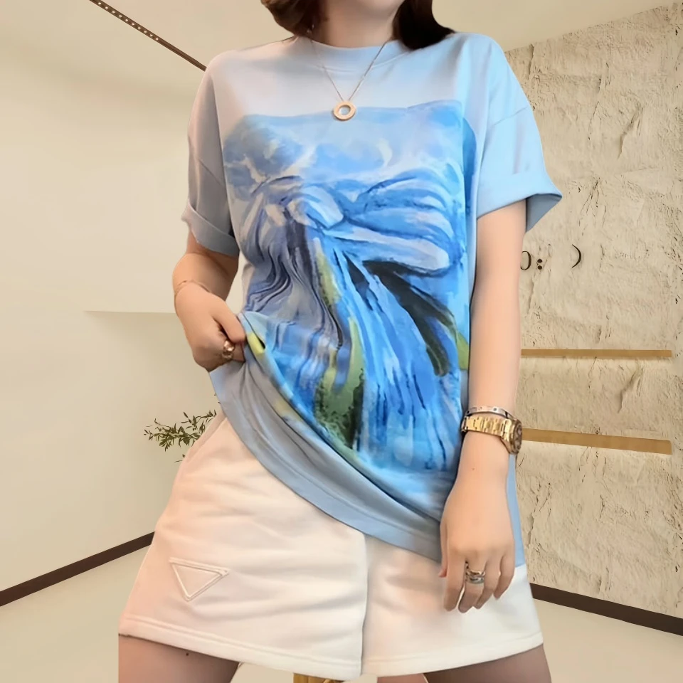【油画蝴蝶结】春季休闲印花T恤圆领洋气百搭蓝色时尚宽松显瘦女士
