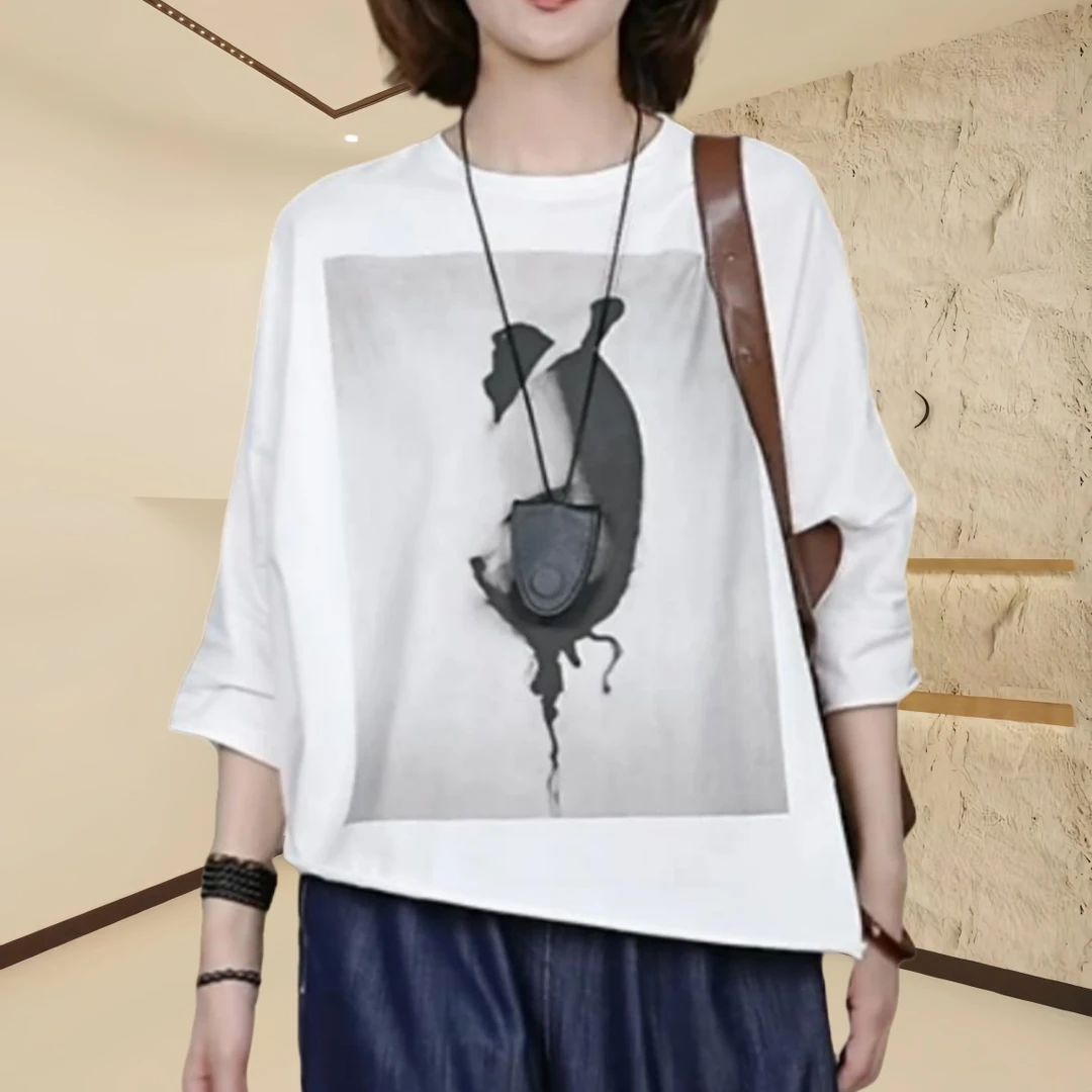 圆领印花中长袖t恤女2025新款夏季简约休闲宽松减龄百搭体恤上衣