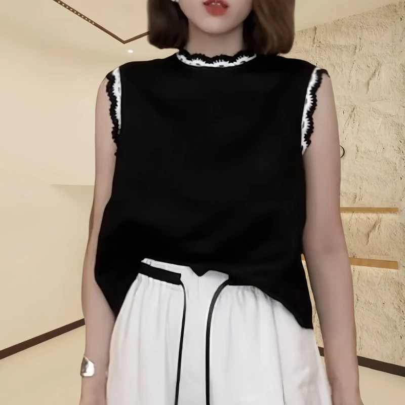 法式设计感拼接圆领纯色无袖小衫夏季气质洋气百搭洋气坎肩上衣女