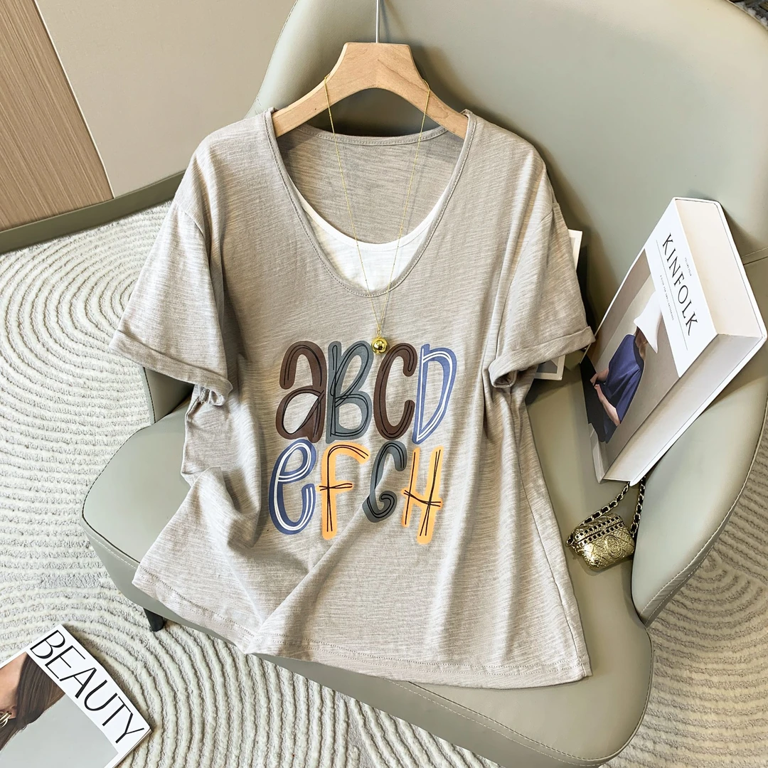 欧货时尚休闲短袖拼接V领t恤女夏季宽松假两件洋气上衣设计感小众