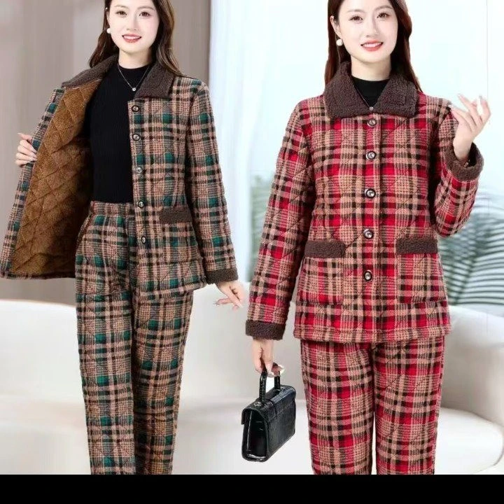 两件套加绒加厚棉衣套装新款棉衣棉裤两件套睡衣妈妈冬装格子过冬