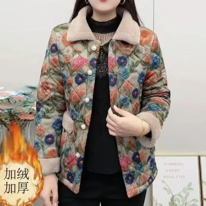 高档加绒加厚棉衣外套女秋冬季新款妈妈装百搭保暖棉袄