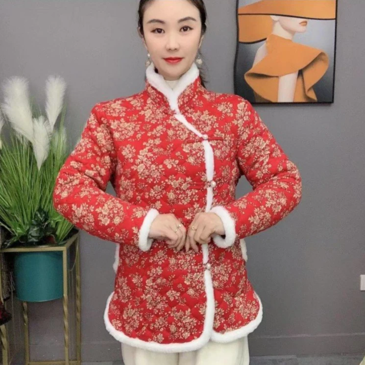 2024冬季新款加厚毛毛领碎花棉衣时尚妈妈装外套小棉袄盘扣国风