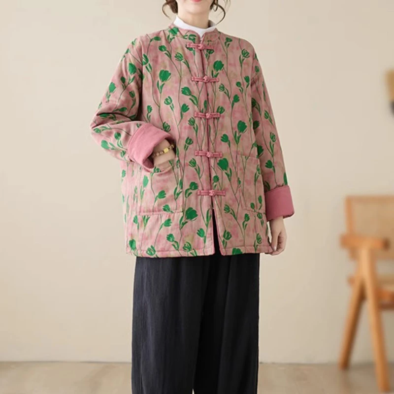 新中式郁金香印花棉袄女冬夹棉加厚保暖唐装棉服外套