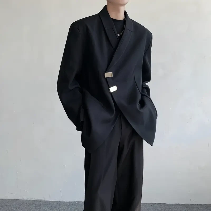 冷淡风金属扣斜门襟垫肩西服外套男士春秋潮牌高级感痞帅西装夹克