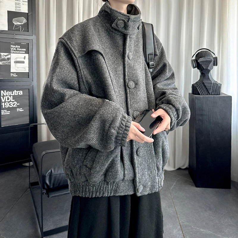 美式复古毛呢加厚休闲外套男秋冬季宽松痞帅设计感立领呢子褂子潮