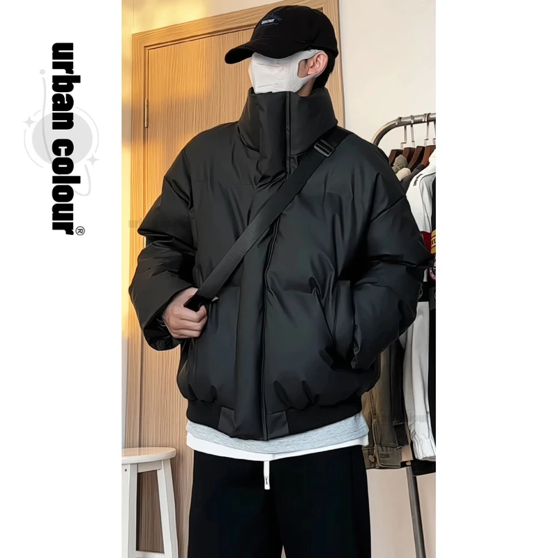 黑色短款PU皮棉服外套男士冬季痞帅设计感加厚保暖棉衣立领面包服