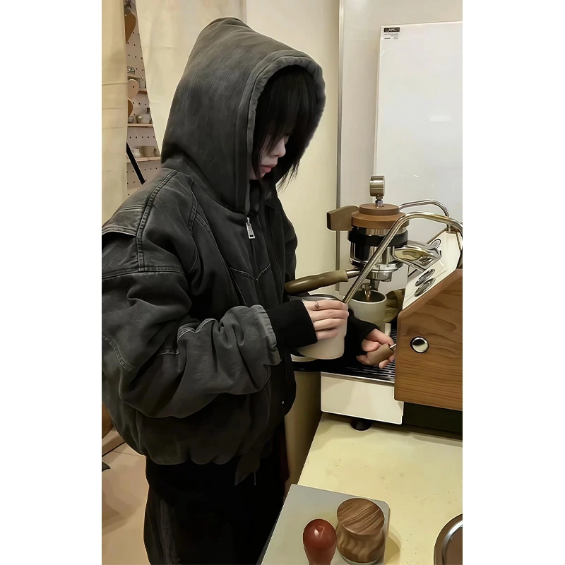 座山雕加绒外套男冬季cleanfit重磅水洗帆布夹克美式复古连帽棉服