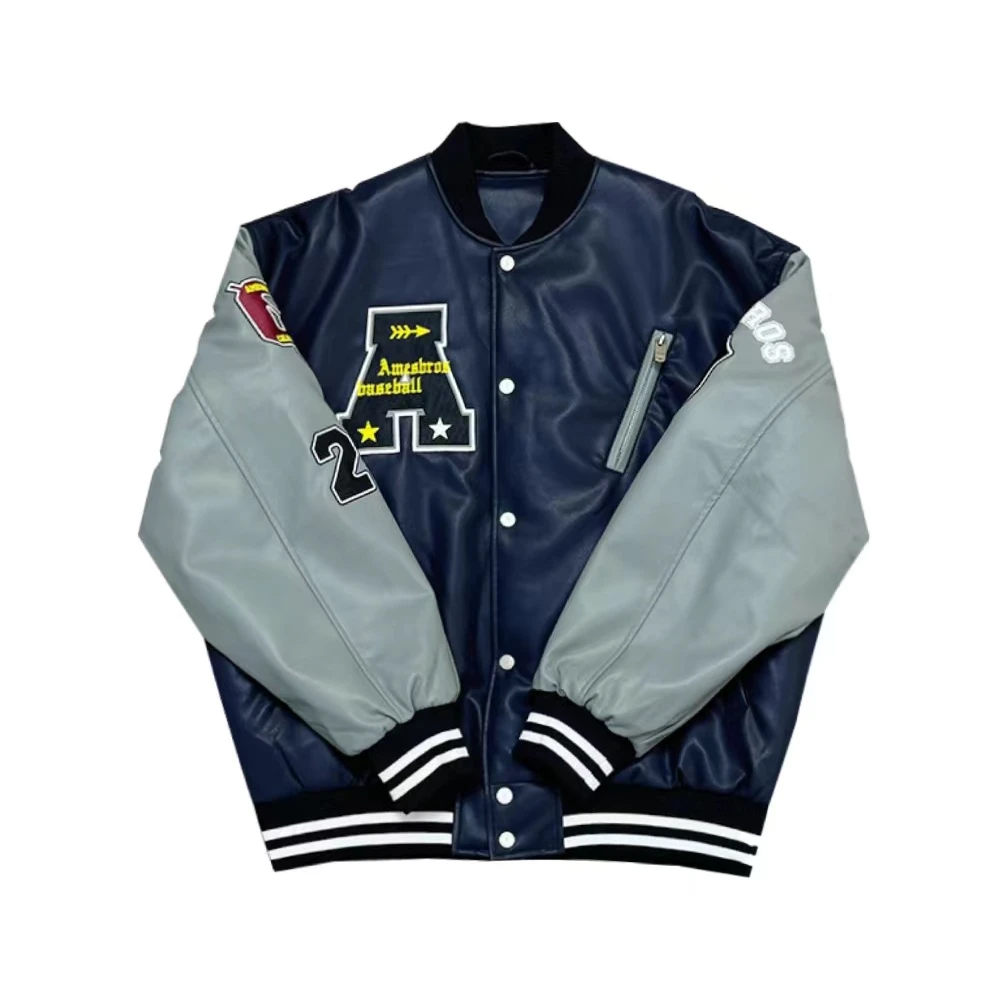 [ JJ]蓝色拼接袖植绒字母小众美式pu棒球服儿童外套（秋意浓浓）