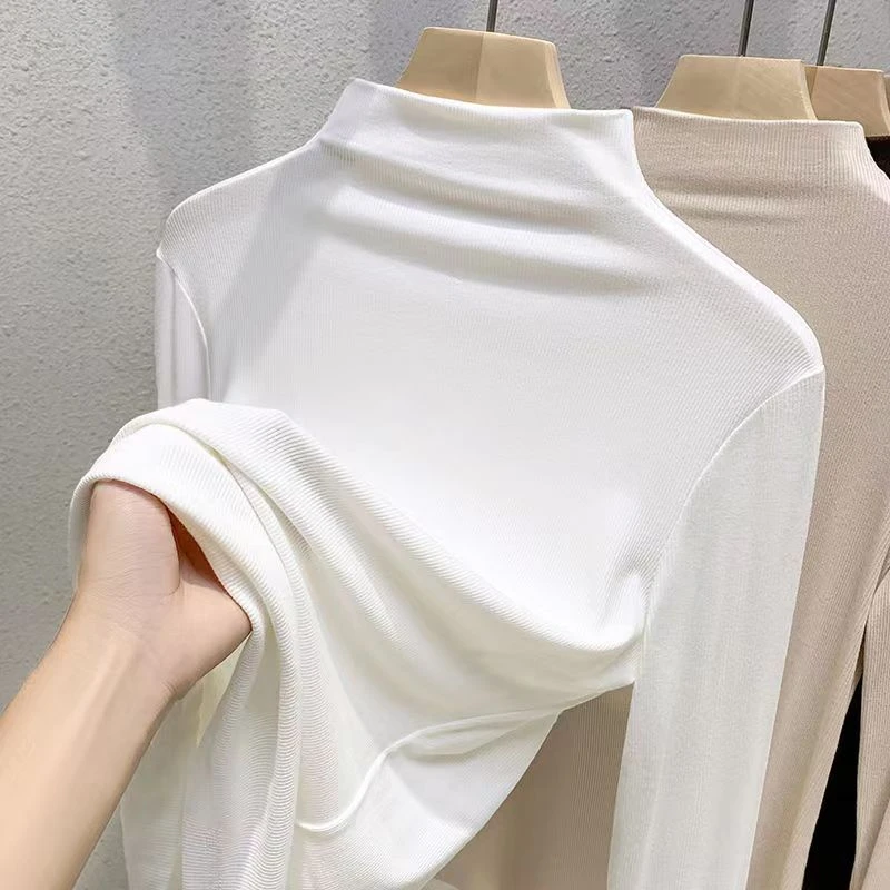 半高领打底衫女内搭春秋季白色显瘦半高领长袖T恤修身百搭t恤上衣