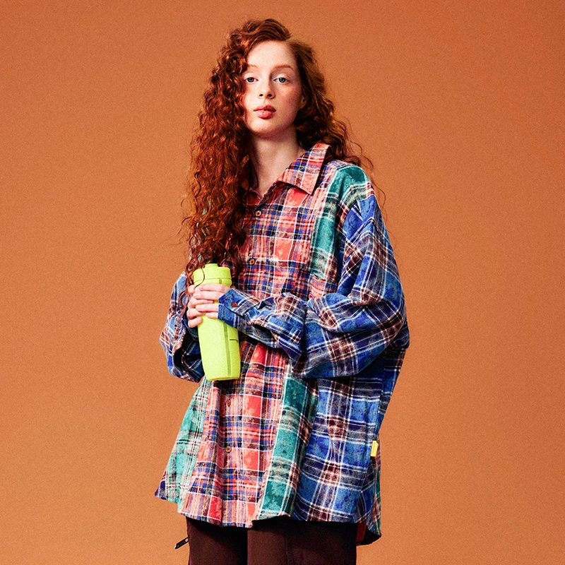 TBSM秋季新品潮流复古宽松港风格纹印花长袖衬衫外套衬衣上衣女