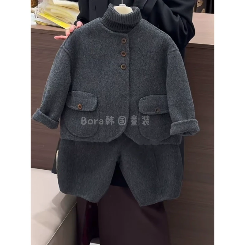 男童冬装套装2025新款儿童高端加厚毛呢外套女宝宝洋气保暖长裤潮