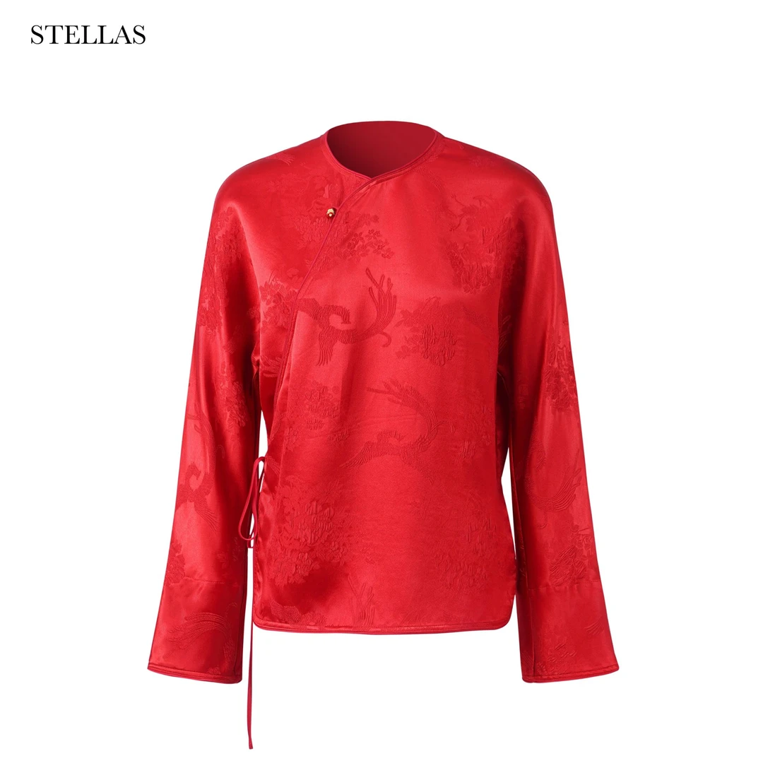 STELLAS 【凤与花香】新中式桑蚕丝浮雕提花斜襟系带衬衫