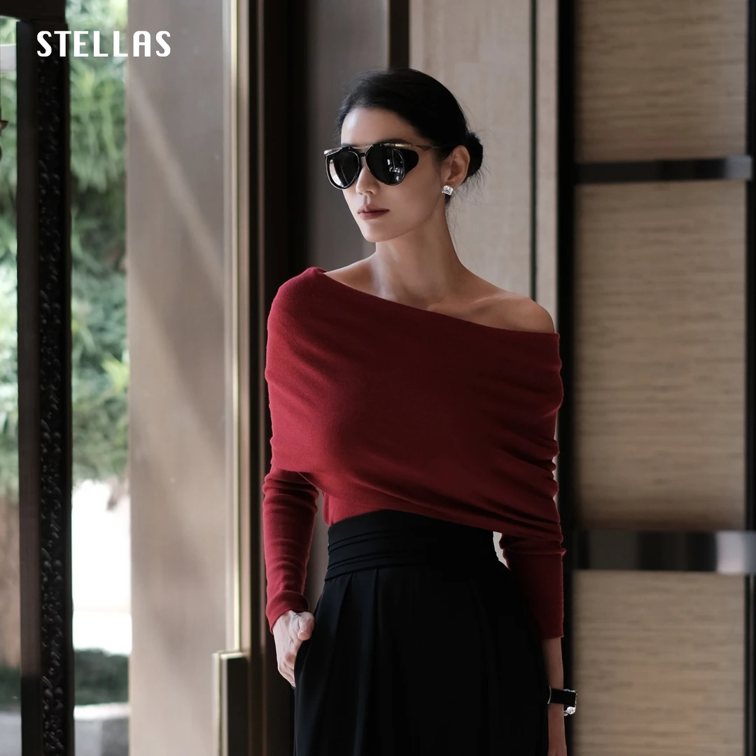 STELLAS 【失序感穿搭】设计感一字肩堆堆领美丽诺羊毛针织衫