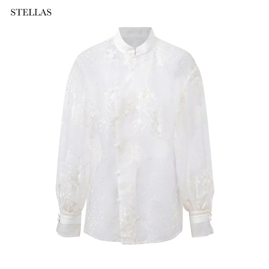 【NO退】STELLAS 【梅映长城】复古国风欧根纱拼接刺绣立领盘扣上衣