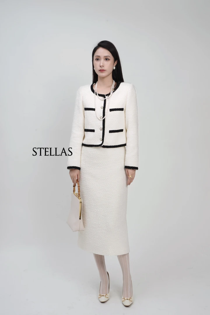 STELLAS 【财阀千金】小香风优雅撞色设计肌理感吊带裙套装