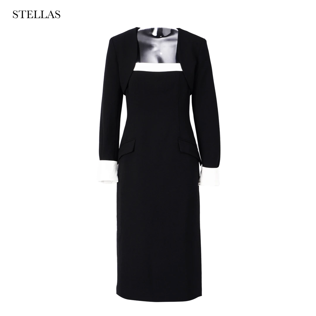 【NO退】STELLAS 轻奢优雅拼色黑白包肩外套吊带连衣裙套装