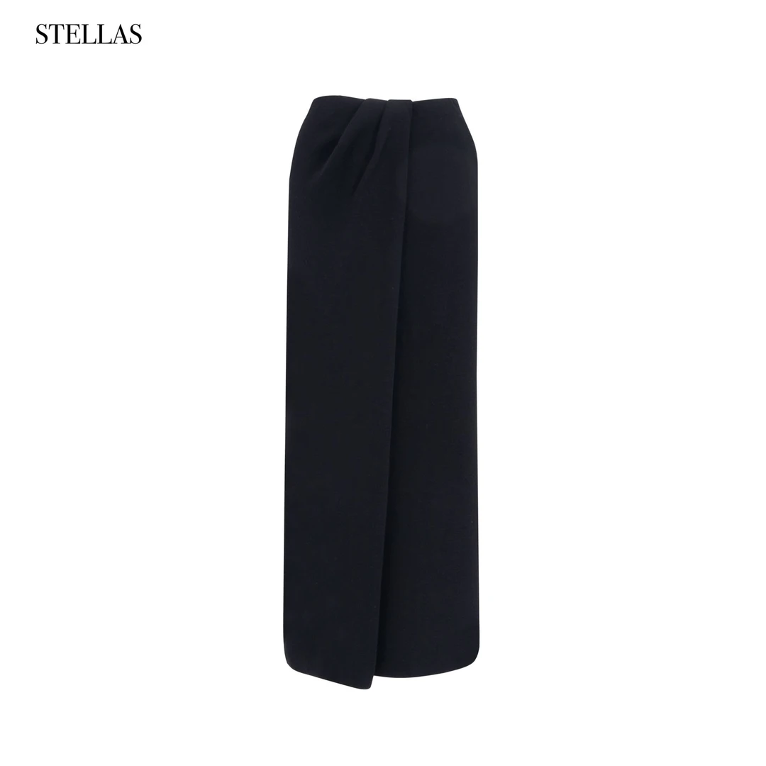 STELLAS 不对称叠褶开衩弹力复古优雅针织包臀直筒半裙