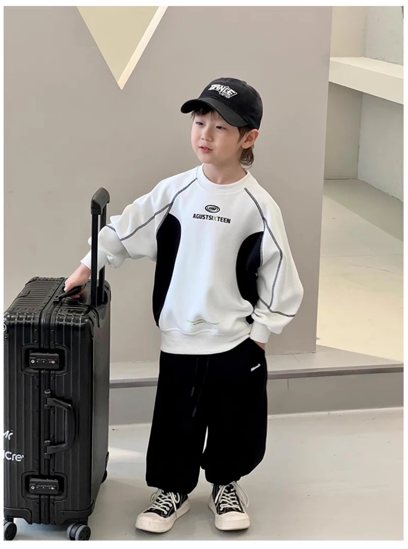 2025春季新款中大童男孩帅气圆领套头卫衣时尚百搭韩版休闲拼接