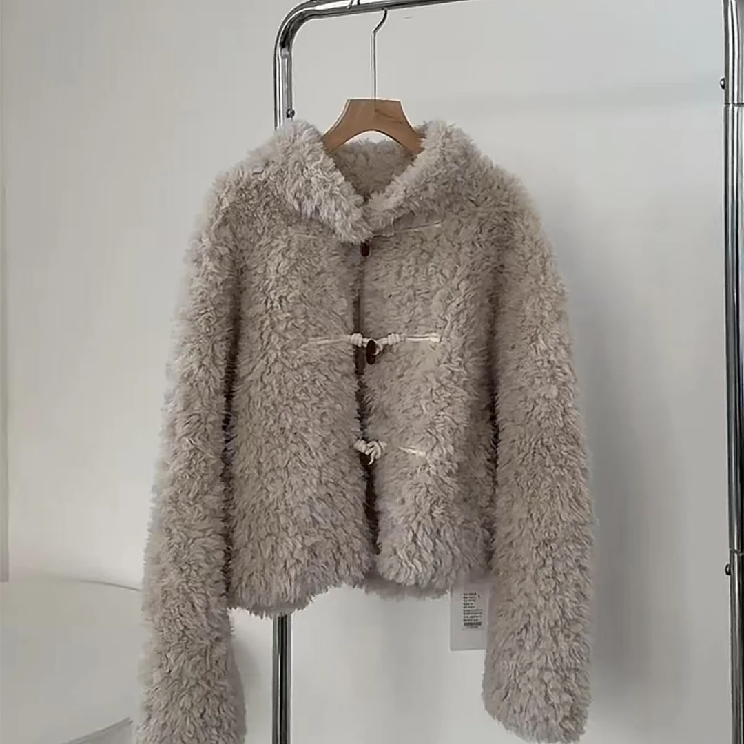 清8522灰粽牛角扣绒绒外套no.退no.换