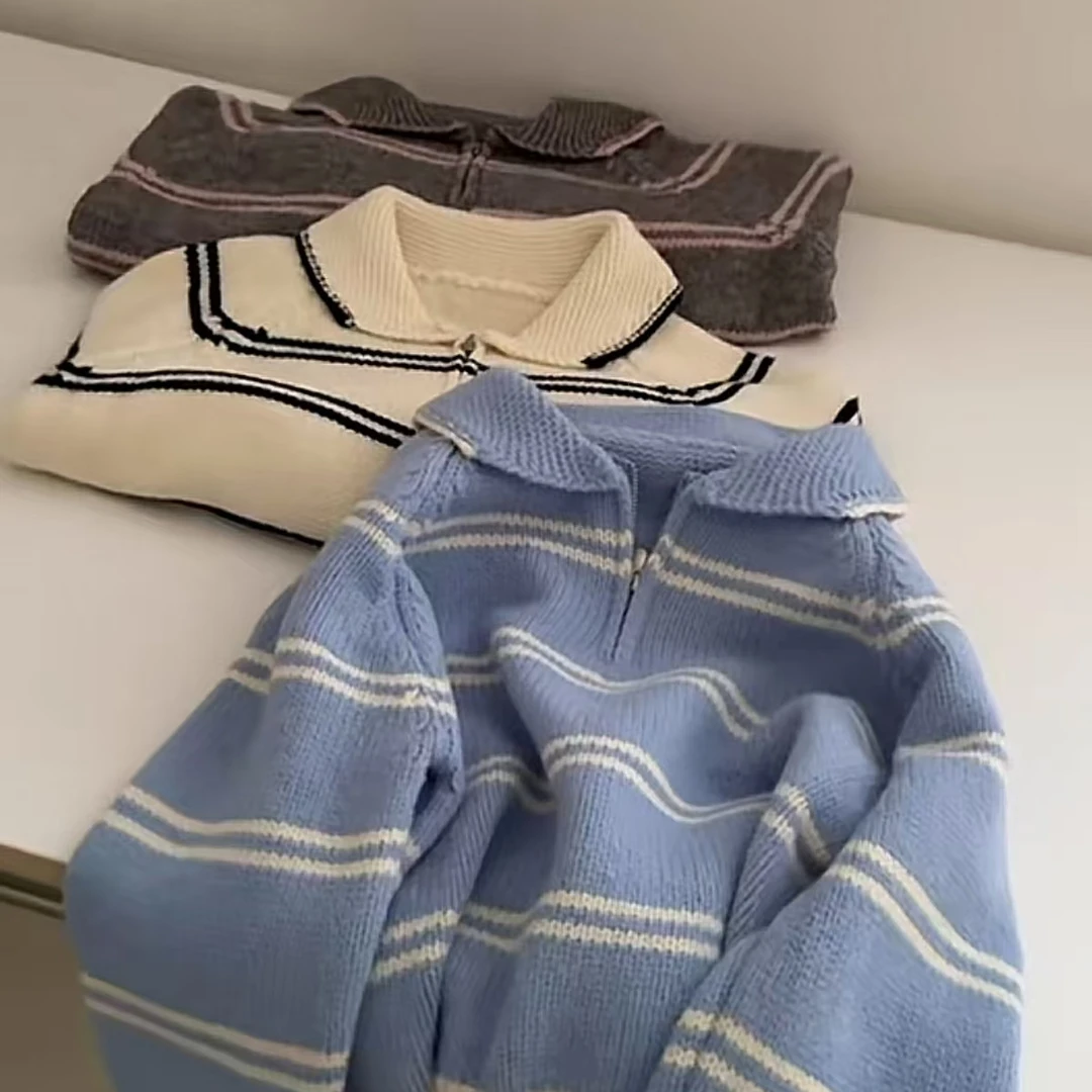 清拉链条纹毛衣no.退no.换