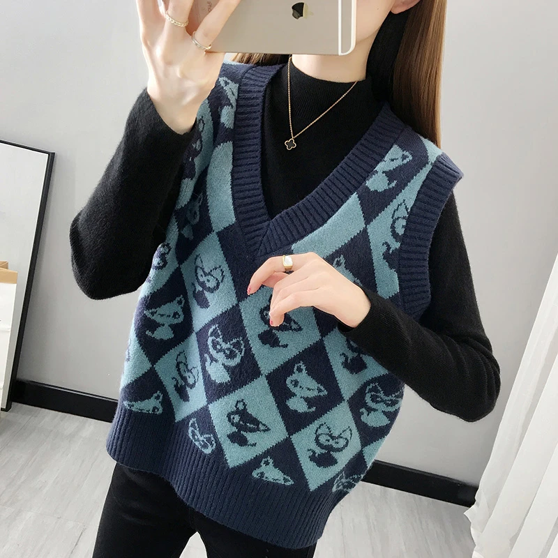 新款韩版叠穿无袖毛衣马甲背心女套头V领宽松外穿复古针织衫马夹
