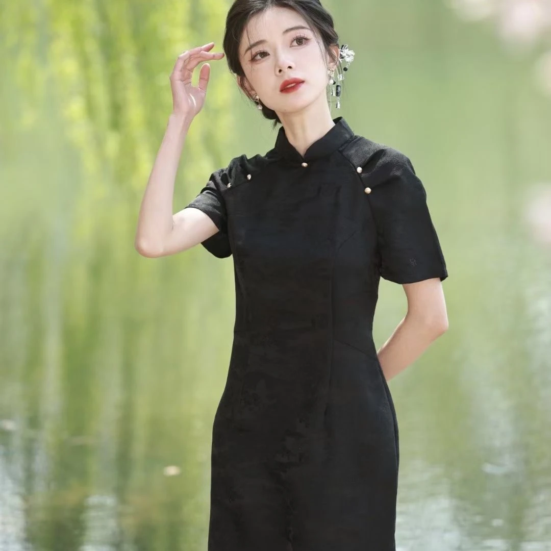 大提琴—2023夏季新款改良旗袍连衣裙气质穿搭黑色日常中国风遮肉