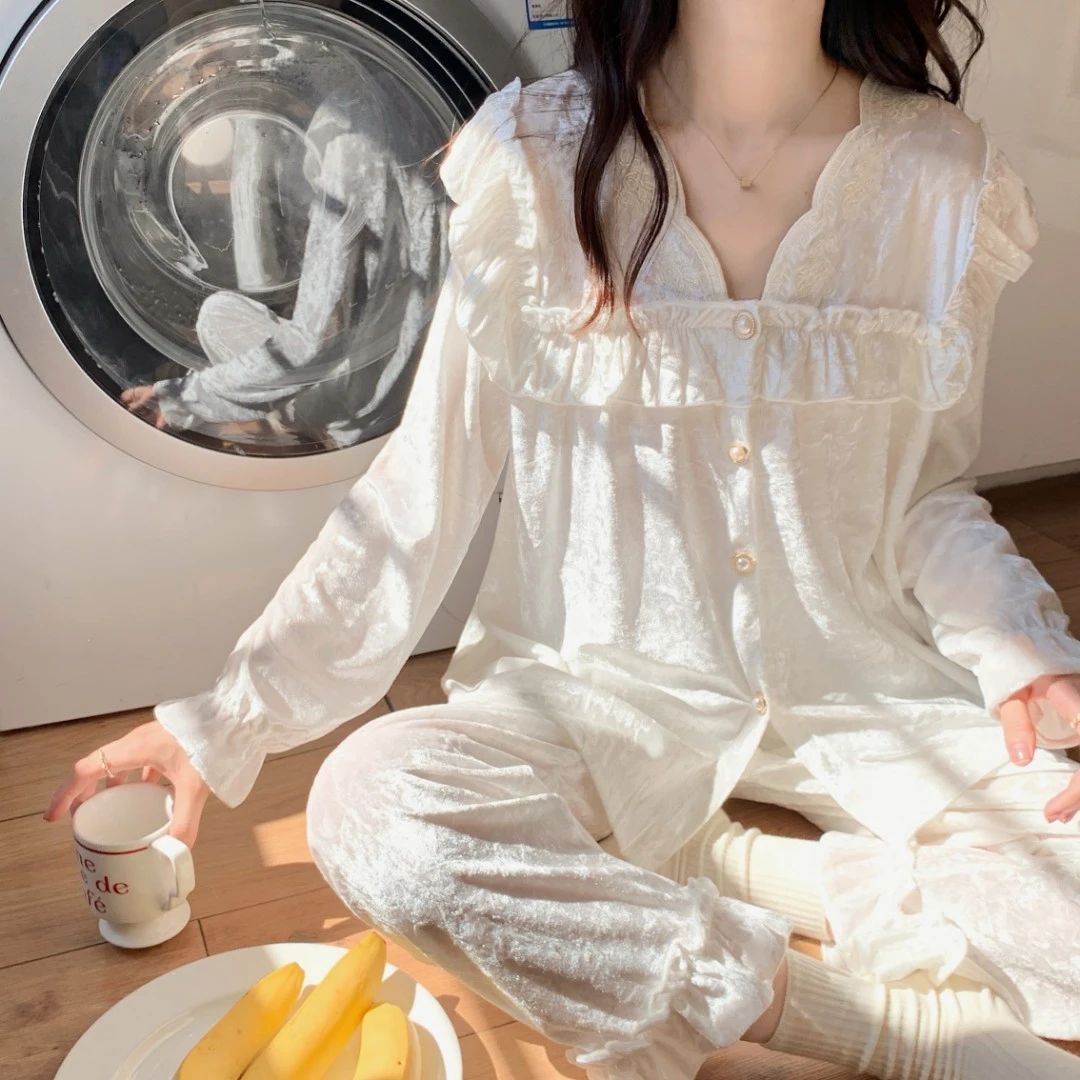 睡衣家居服套装女2025秋冬金丝绒公主风气质长袖网红大码睡衣