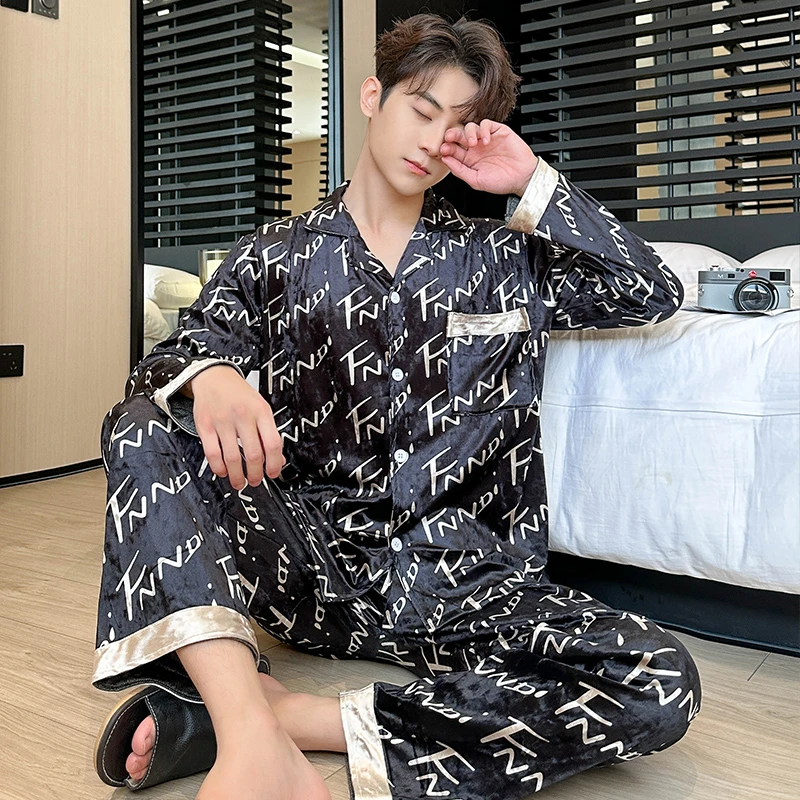 秋冬新款睡衣男士金丝绒翻领开衫长袖长裤轻奢舒适家居服套装