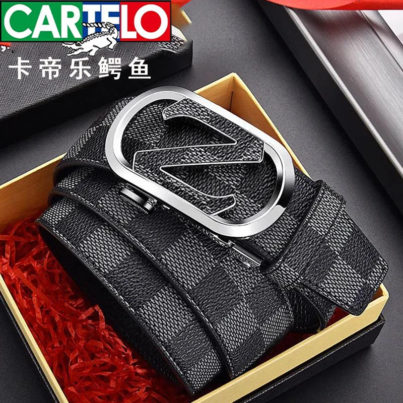 CARTELO/卡帝乐鳄鱼男士商场格纹头层牛皮高档休闲皮带自动扣腰带