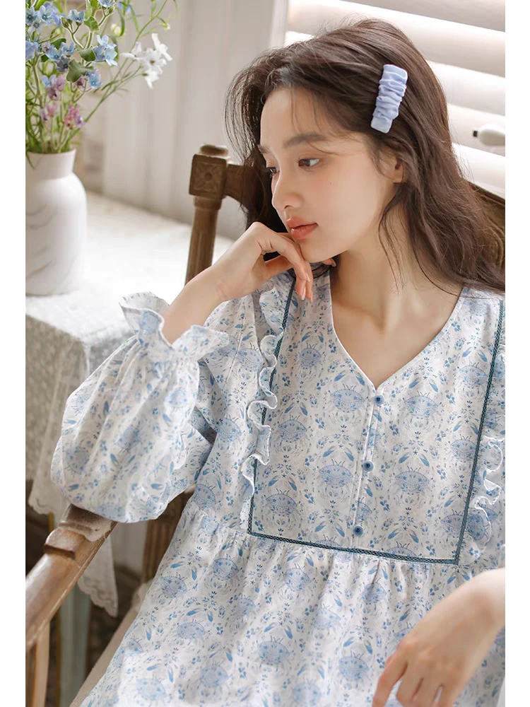 睡衣女春夏新款纯V领棉长袖甜美可爱碎花全棉纱布家居服套装外穿