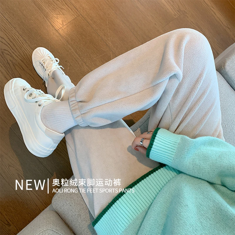 奥粒绒束脚运动裤女高腰休闲加绒阔腿裤子宽松窄版垂坠感哈伦卫裤