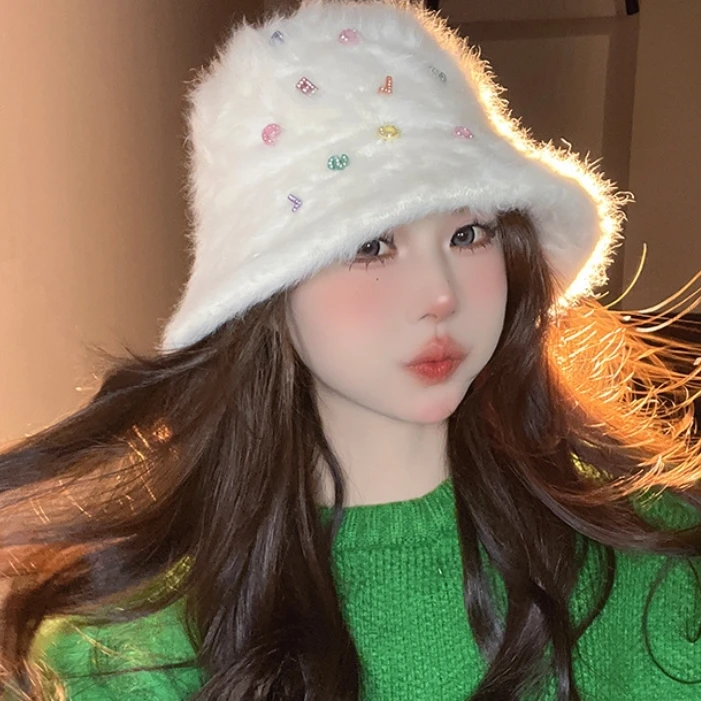 冬季款/满天星兔毛盆帽渔夫帽女帽子时尚百搭冬帽保暖加厚加绒帽