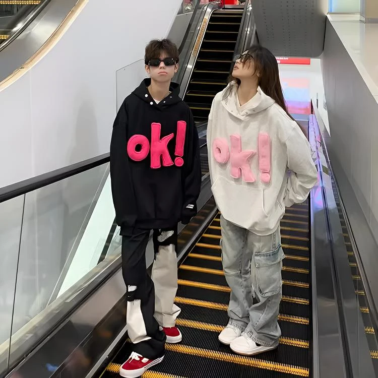 美式OK立体字母印花套头连帽卫衣男女早秋季宽松休闲百搭情侣上衣