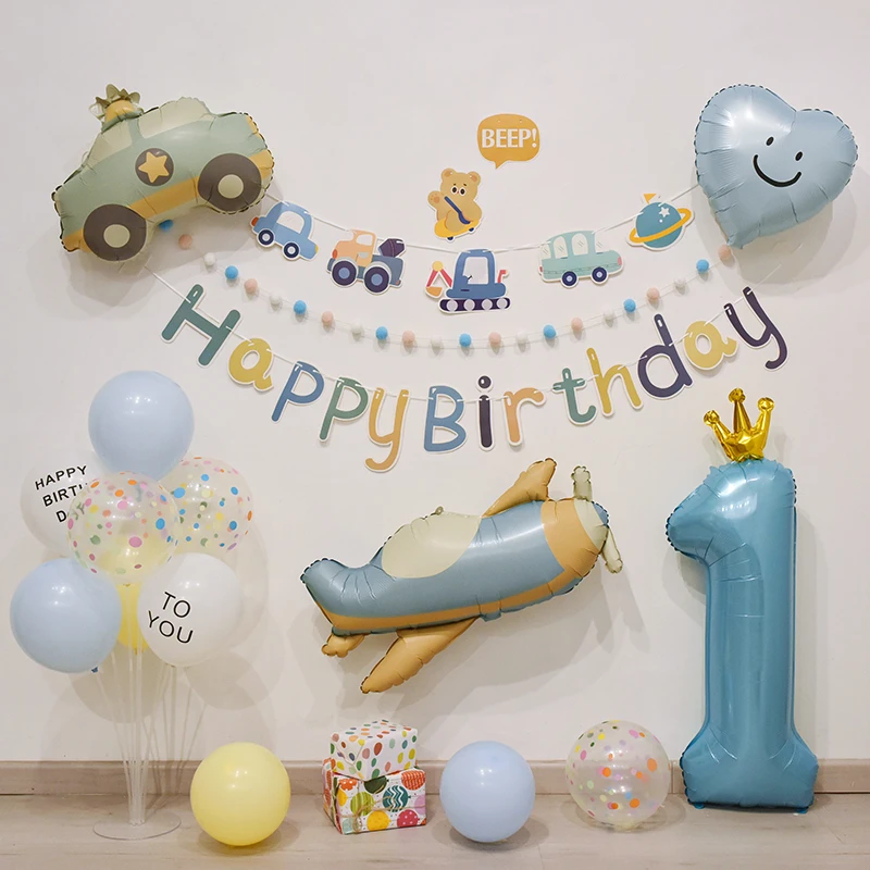 蓝色复古男孩儿童浪漫生日周岁派对铝膜数字桌飘拉旗活动装饰背景