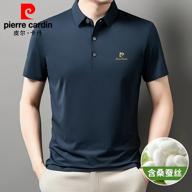 皮尔卡丹桑蚕丝短袖t恤男士夏季冰丝polo衫中青年薄款男装纯色T恤