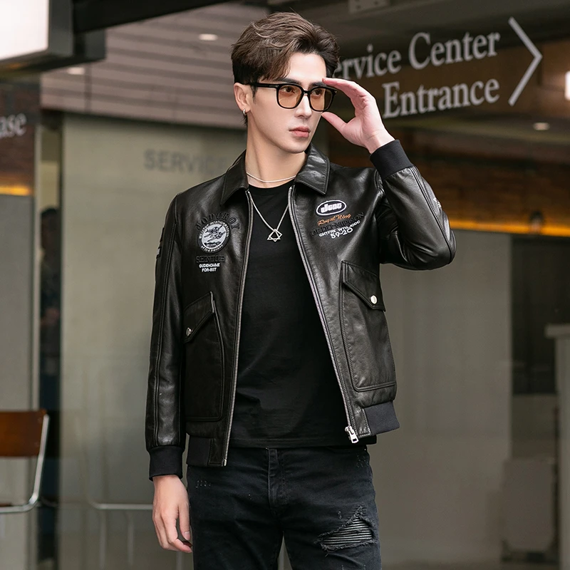 【索吉朗】海宁真皮皮衣男头层牛皮潮流刺绣哈雷机车服帅气夹克外套