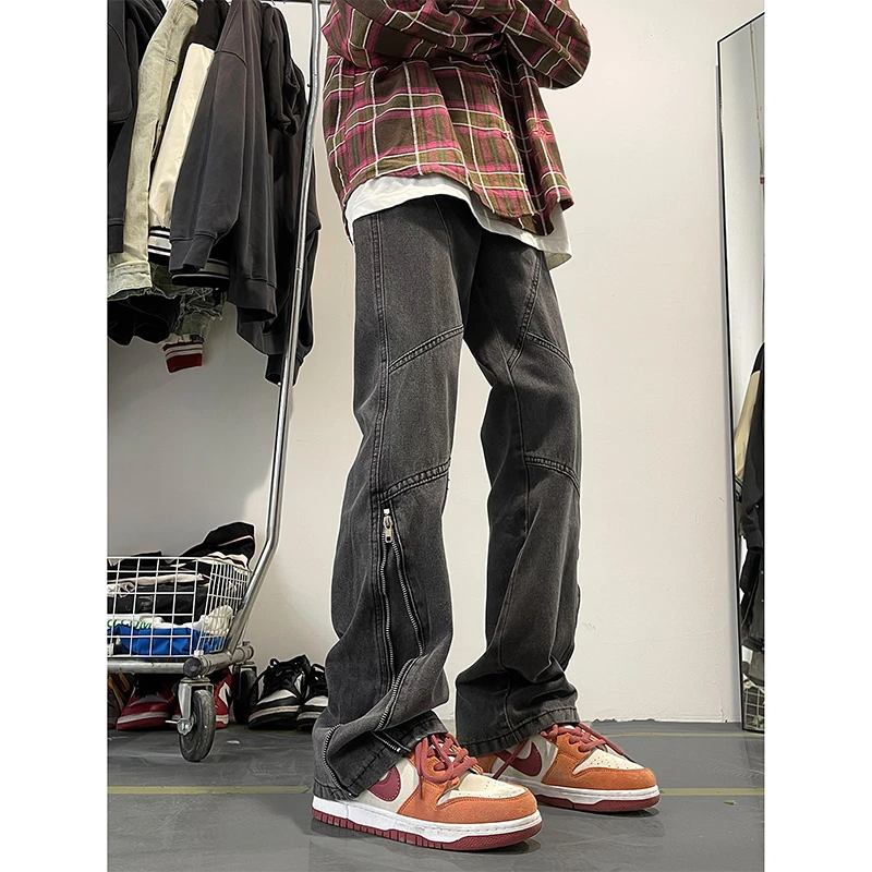 美式复古拉链牛仔裤男秋季潮流百搭休闲直筒微喇裤子高街vibe潮牌