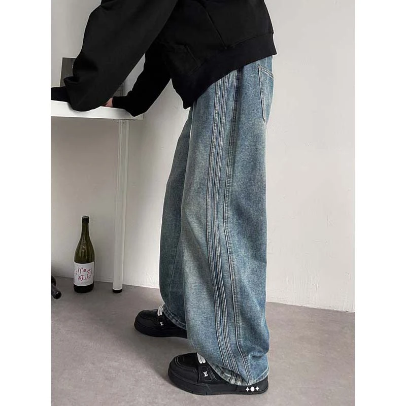 三条杠巴黎渐变水洗牛仔裤男款春秋美式vibe高街潮牌宽松直筒裤子