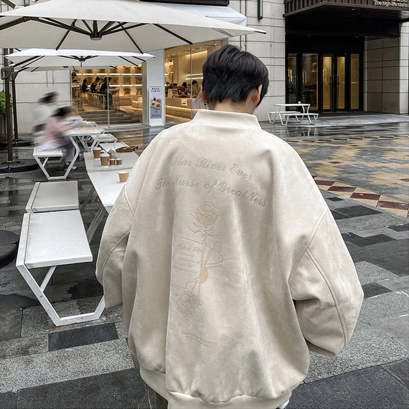 玫瑰花仿麂皮棒球服外套男春秋美式oversize潮牌痞帅重磅工装夹克