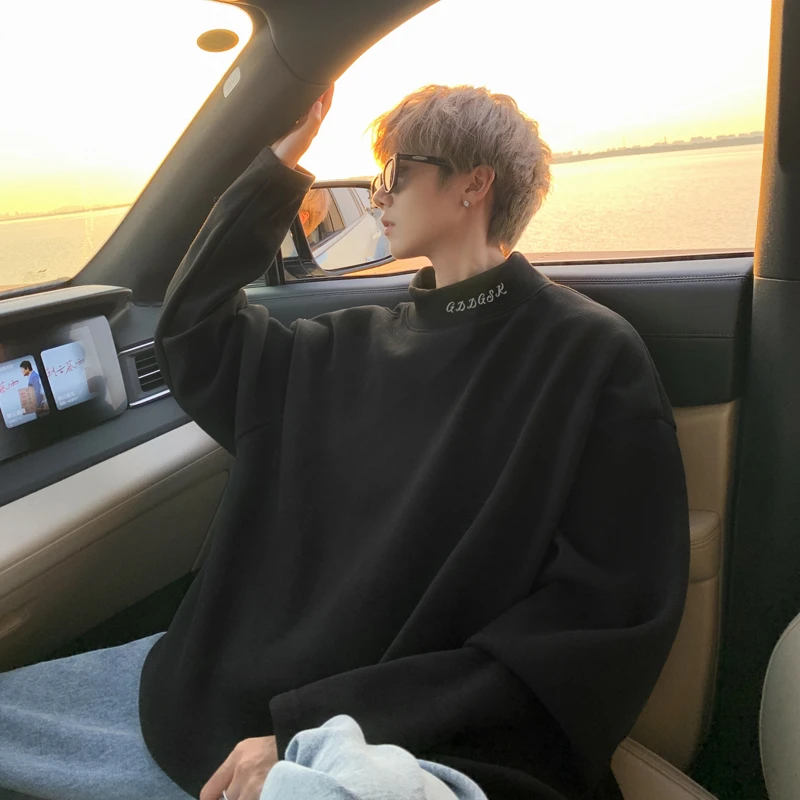 刺绣半高领德绒打底衫重磅长袖T恤男款秋季美式潮牌宽松内搭上衣