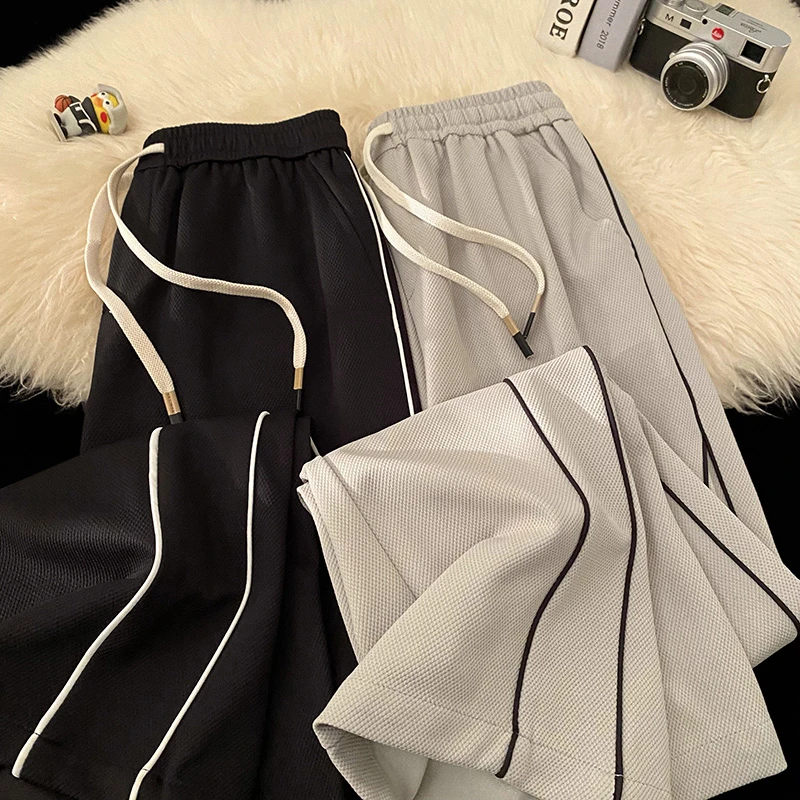 华夫格裤子男夏季薄款2025新款美式抽绳条纹休闲潮流潮牌运动卫裤